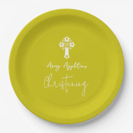 Plato de Papel Floral Cruz Bautizo Amarillo