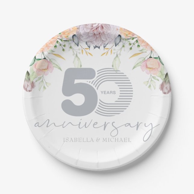 Plato De Papel Floral de 50 años Boda personalizada (Anverso)