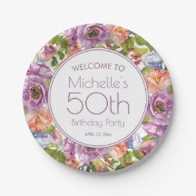 Floral de Acuarela Naranja Morado Cumpleaños 50