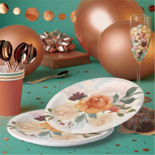 Plato De Papel Floral de acuarela otoñal naranja
