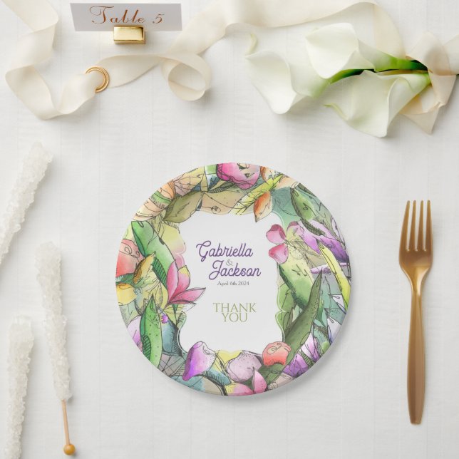 Plato De Papel Floral de acuarela personalizada (Boda)