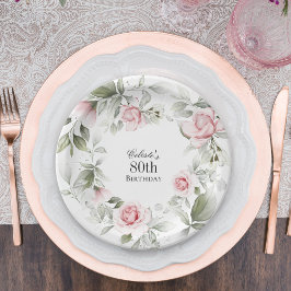 Plato De Papel Floral de acuarela rosa Femenina 80 cumpleaños