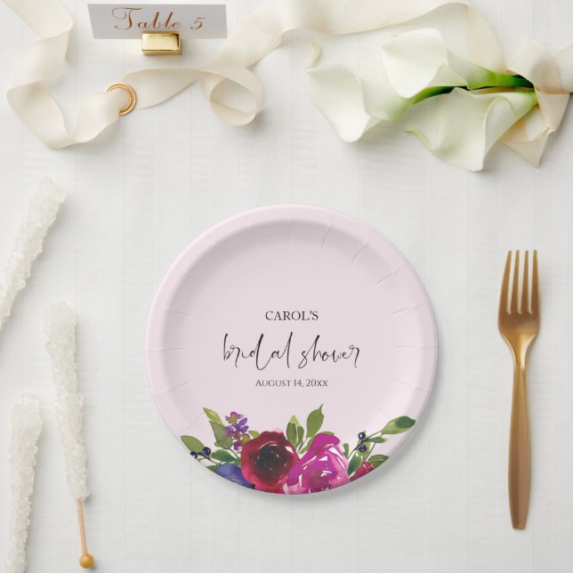 Plato de papel floral de acuarela rosa suave (Boda)