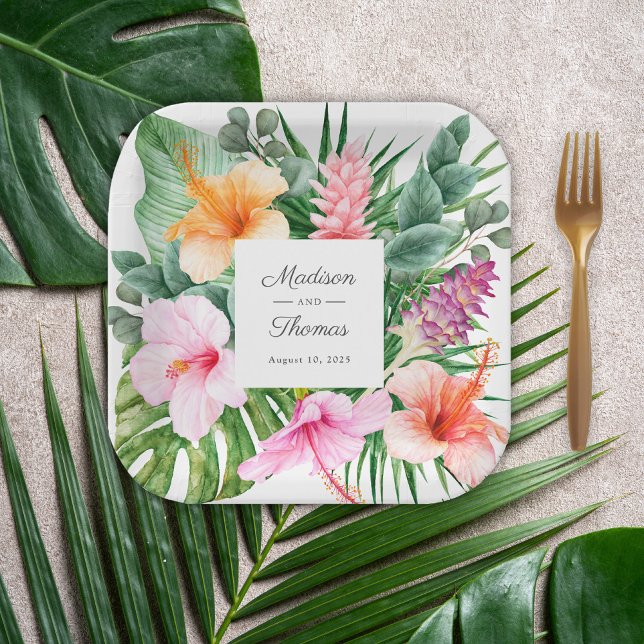 Plato De Papel Floral de acuarela tropical exuberante con nombres (A tropical paper plate design to celebrate the bride and groom.)