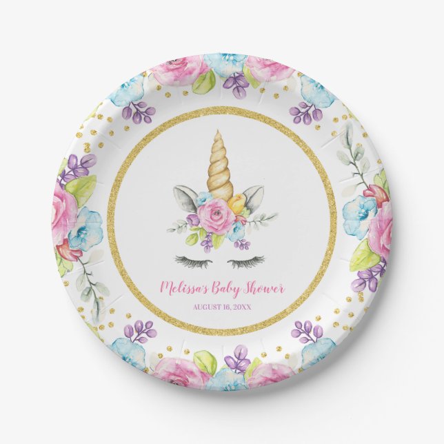 Plato De Papel Floral de agua unicornio Baby Shower (Anverso)