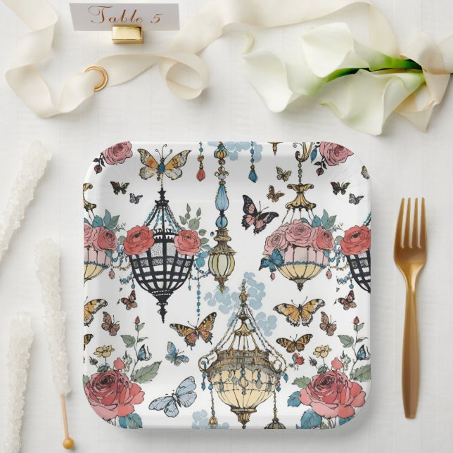 Plato De Papel Floral de araña colgante con mariposas (Boda)