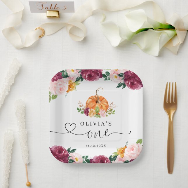 Plato De Papel Floral de caída de Borgoña Pequeña calabaza de pri (Boda)