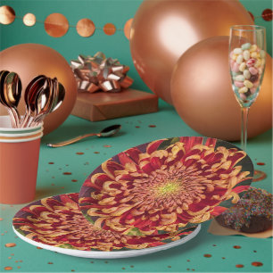 Plato De Papel Floral de crisantemo rojo y amarillo
