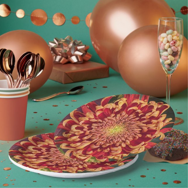 Plato De Papel Floral de crisantemo rojo y amarillo (Multi)