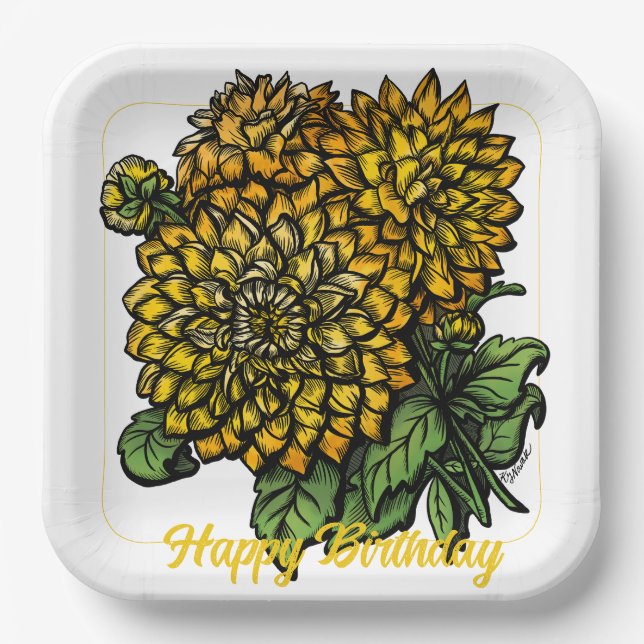 Plato De Papel Floral de Dahlias Amarilla (Anverso)