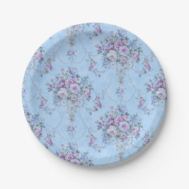 Plato De Papel Floral de estilo victoriano azul blanco francés