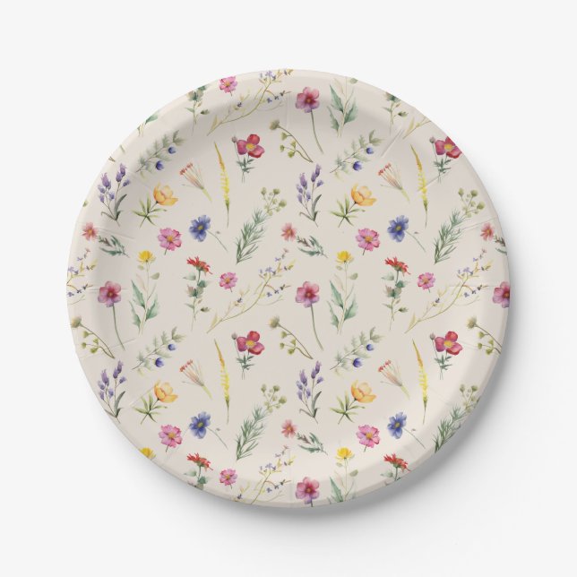 Plato De Papel Floral de flores silvestres beige (Anverso)