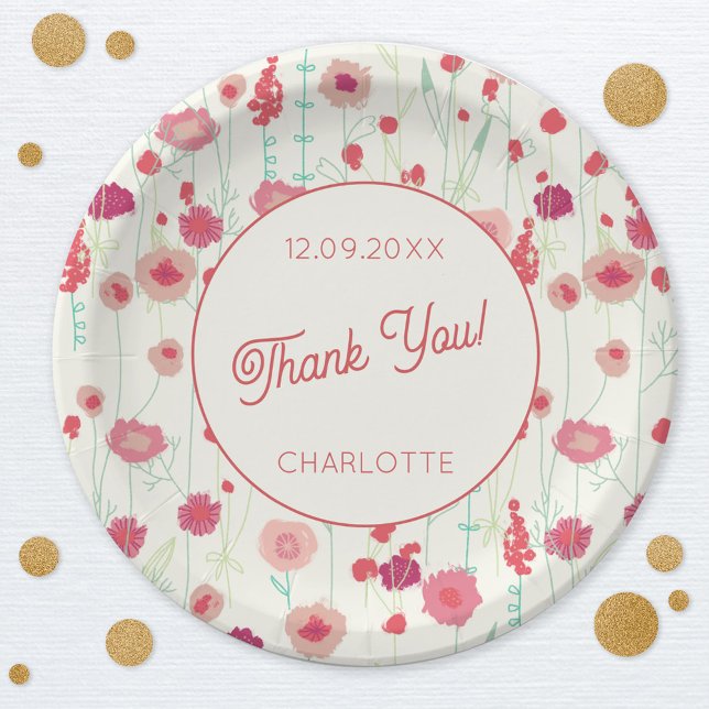Plato De Papel Floral de flores silvestres Gracias Fecha Nombre (Wildflower pattern baby shower personalized paper plates)