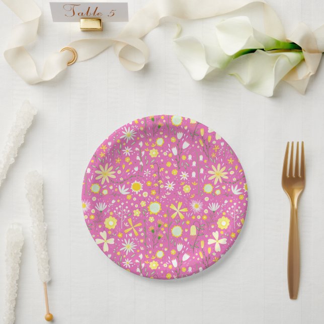 Plato De Papel Floral de flores silvestres rosadas (Boda)