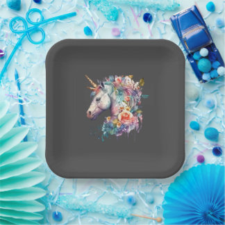 Plato De Papel Floral de fondo marrón colorido Unicornio