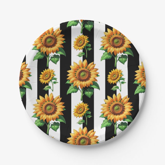 Plato De Papel Floral de girasol franjas blancas negras (Anverso)