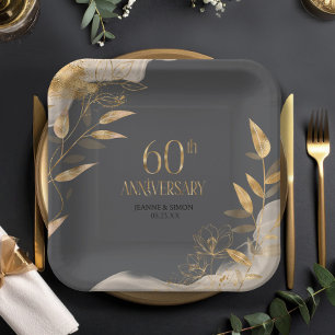 Plato De Papel Floral de Hoja de Oro 60 Aniversario ID1169
