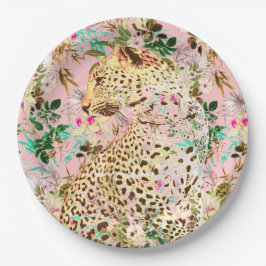 Plato De Papel Floral de leopardo tropical hawaiano