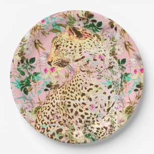 Plato De Papel Floral de leopardo tropical hawaiano