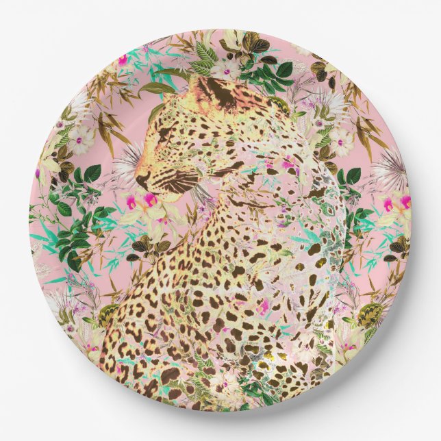 Plato De Papel Floral de leopardo tropical hawaiano (Anverso)