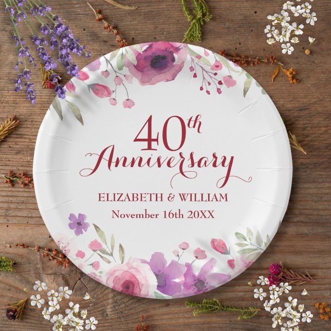 Plato De Papel Floral de los Rosas del 40° Aniversario del Boda d (40th Ruby Wedding Anniversary Roses Floral Paper Plates)