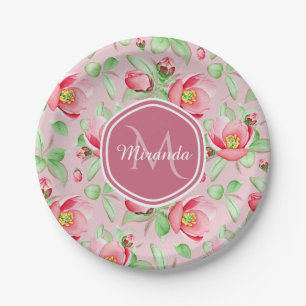 Plato De Papel Floral de manzana rosa dulce con monogramo