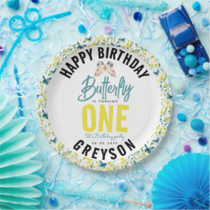 Plato De Papel Floral de mariposa singulares 1º cumpleaños