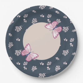 Plato De Papel floral de mariposas rosa azul marino