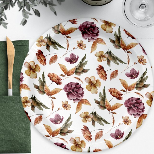 Plato De Papel Floral de otoño (Fall Floral Paper Plate Botanical Burgundy Orange Terracotta Pattern by Painted Paperie)