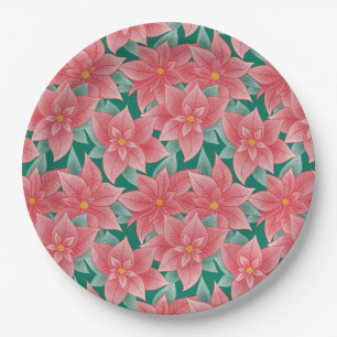 Plato De Papel Floral de Poinsettia verde y rojo Navidades clásic