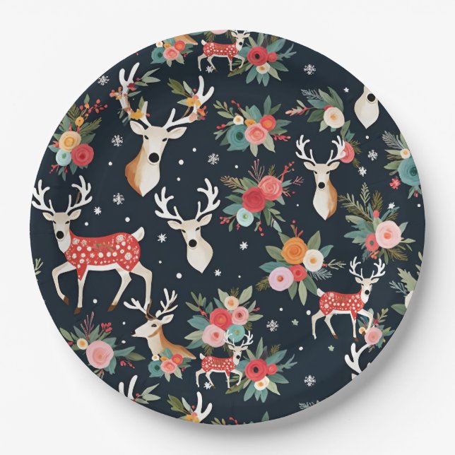Plato De Papel Floral de reno de Navidades espléndidos (Anverso)