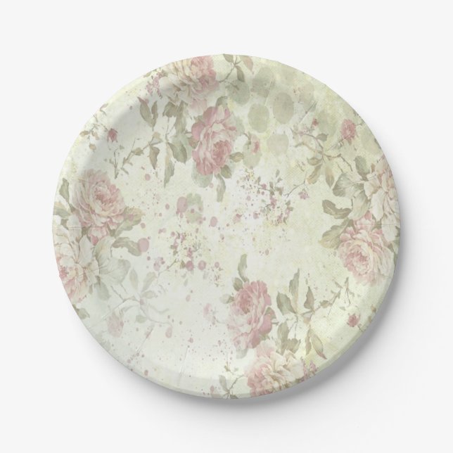 Plato De Papel Floral de rosa rosada Shabby Chic (Anverso)