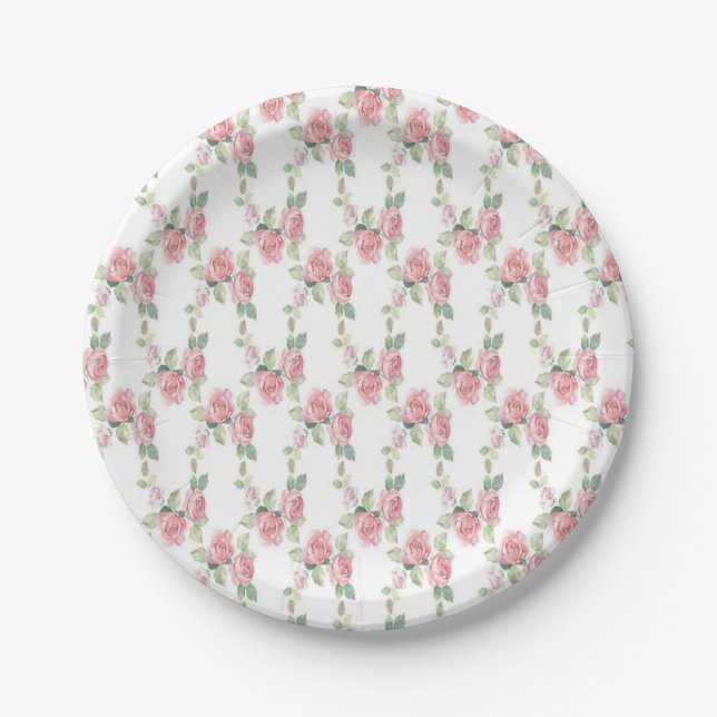 Plato De Papel Floral de rosa rosada Shabby Chic (Anverso)