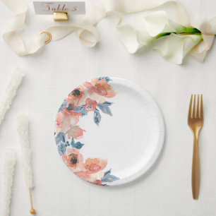 Plato De Papel Floral de Rosas Azules y Melocotón para Ocasiones