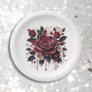 Plato De Papel Floral de Rosas de Borgoña bonito