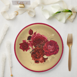 Plato De Papel Floral de Rosas Red Gold de moda