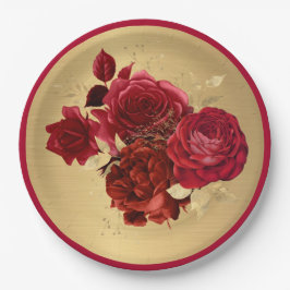 Plato De Papel Floral de Rosas Red Gold de moda