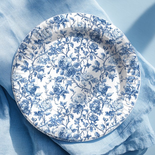 Plato de Papel Floral de Rosas Toile Francesas Azu (Serve in style with these blue French toile de Jouy rose paper plates, featuring an elegant floral d)