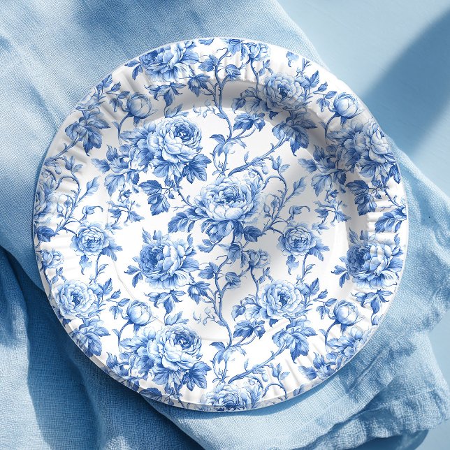 Plato de Papel Floral de Rosas Toile Francesas Azu (Refined Blue French Toile Roses Floral Paper Plates)