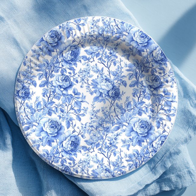 Plato de Papel Floral de Rosas Toile Francesas Azu (Antique Blue French Toile Roses Floral Paper Plates)