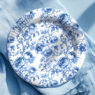 Plato de Papel Floral de Toile Francés Rosas Azule