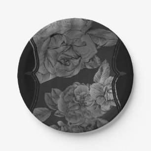 Plato De Papel Floral de vidrio elegante de color gris negro
