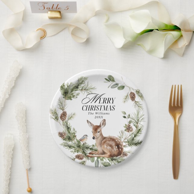 Plato De Papel Floral Deer Elegant Modern Feliz Navidad (Boda)