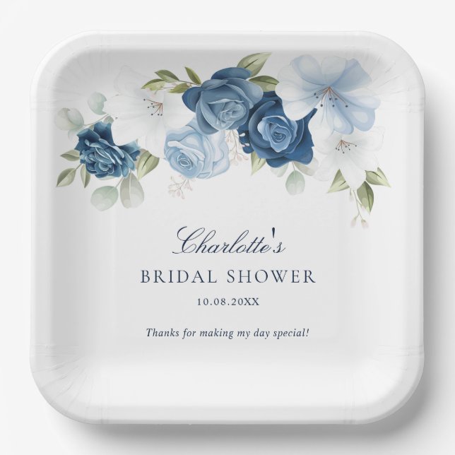 Plato De Papel Floral Dusty Blue Botanal Bridal Shower (Anverso)