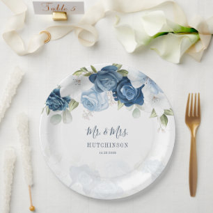 Plato De Papel Floral Dusty Blue Greenery Wedding Recepción