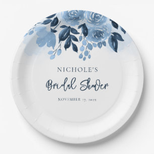 Plato De Papel Floral Dusty Blue Watercolor Bridal Shower