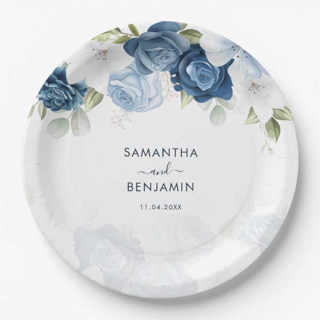 Plato De Papel Floral Dusty Blue Wedding Shower (Anverso)