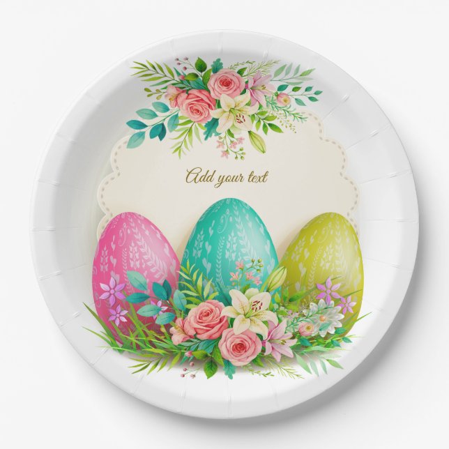 Plato De Papel Floral Easter Eggs & Pink Roses Personalized Party (Anverso)