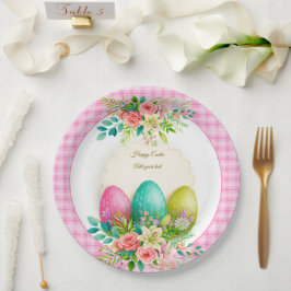 Plato De Papel Floral Easter Eggs & Watercolor Pink Roses