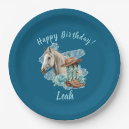 Plato De Papel Floral Ecuestre Caballo Occidental - Azul Marino